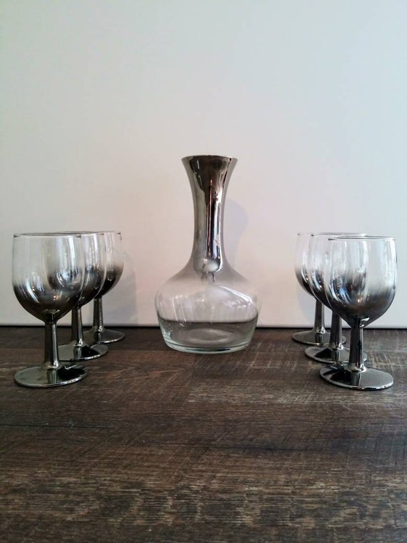 Mid-Century Dorothy Thorpe Silver Fade Wine Glasses & Decanter Set