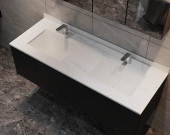 Double Ceramic Sink Vanity Top Over the Cabinet, Customizable Dual Sink Bathroom Vanity | Modern Ceramic Vanity Top | Spacious USA-Made Bath