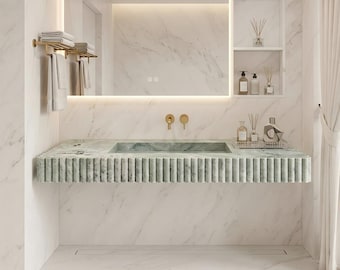Green Marble Floating Vanity Sink | Wall Mounted Integrated Stone Sink | Custom Marble Bathroom Vanity | Modern Fluted Sink