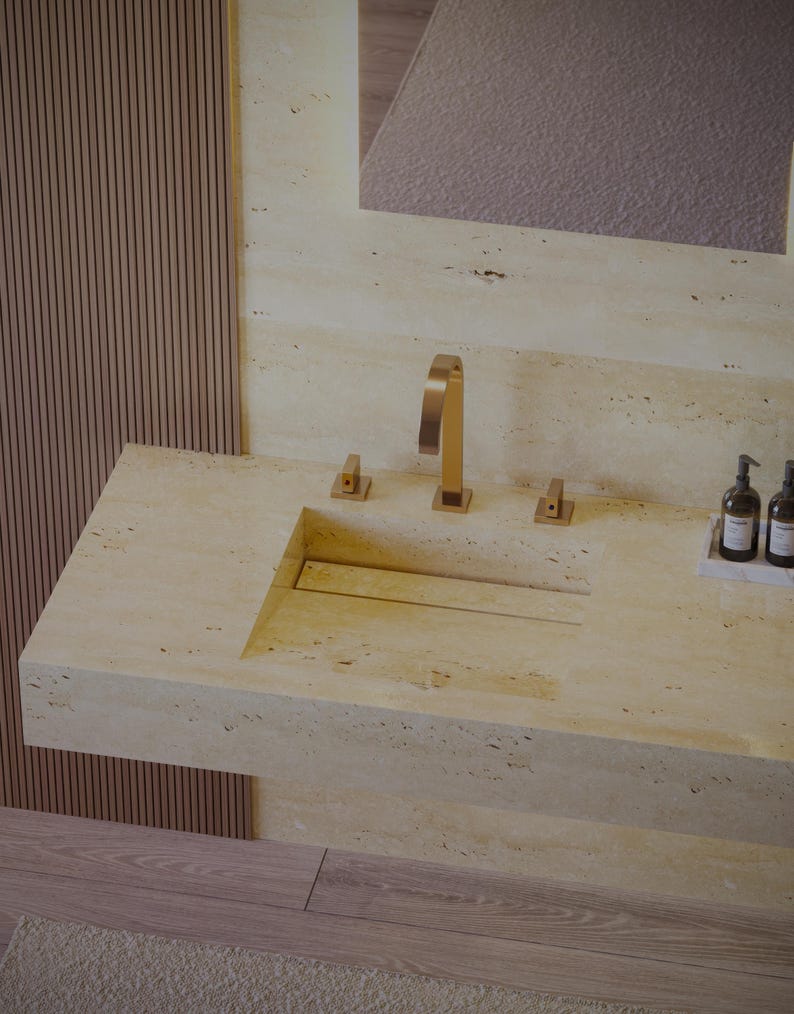 Mueble de baño de pared de travertino de 72 pulgadas, personalizable, con lavabo integrado. imagen 6