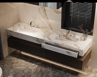 Tocador doble de piedra flotante, lavabo integrado, baño moderno