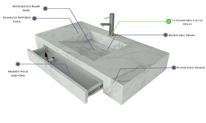 Puede incluir: Una encimera de lavabo con patr&oacute;n de m&aacute;rmol blanco, fregadero de rampa integrado, grifo de acero inoxidable y un caj&oacute;n abierto. Las etiquetas indican caracter&iacute;sticas: Integrated Ramp Sink, Seamless Mitered Edge, Customizable Faucet Holes, Removable Drain, Modify with Add-Ons y Water Edge Design.