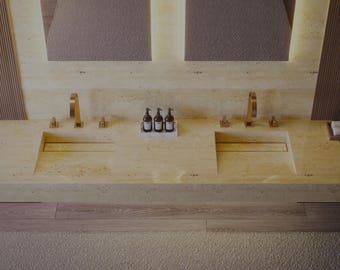 travertine wall mount sink, custom travertine vanity top, integrated vanity top travertine sink for nursing homes, double integrated vanity