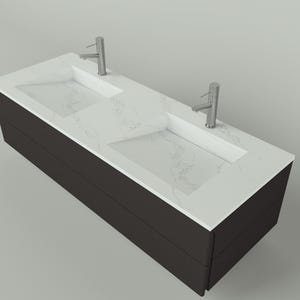 May include: A modern double vanity with a dark brown cabinet and a white countertop with gray veining. Two rectangular sinks are integrated into the countertop, each with a silver faucet. The design is sleek and contemporary.