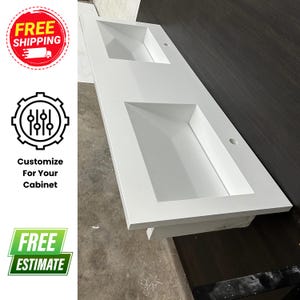 Custom Countertop Double Sinks for Bathroom, Integrated Slot Drain Ramp Sink for Modern Bathroom Vanity, Large Quartz Countertop on Cabinet