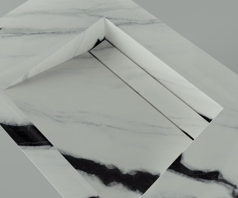 May include: Abstract architectural design featuring white marble with black veining. The composition includes geometric shapes and lines, creating a modern and minimalist aesthetic. The image showcases a play of light and shadow.