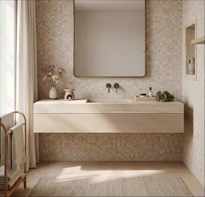Puede incluir: Un mueble de ba&ntilde;o flotante de madera clara con lavabo integrado, un espejo rectangular de esquinas redondeadas y grifos de pared en bronce. El mueble sostiene un jarr&oacute;n de cer&aacute;mica con flores secas, un calentador de velas y una bandeja.