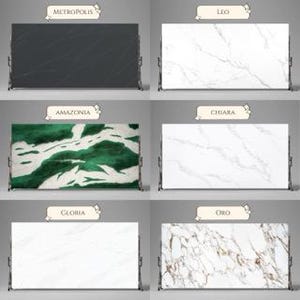 May include: A collection of rectangular stone slabs with various patterns and colors. The slabs are labeled with names like "Sigfrid", "Metropolis", and "Leo". The designs range from white marble with gray veining to solid black and vibrant green.