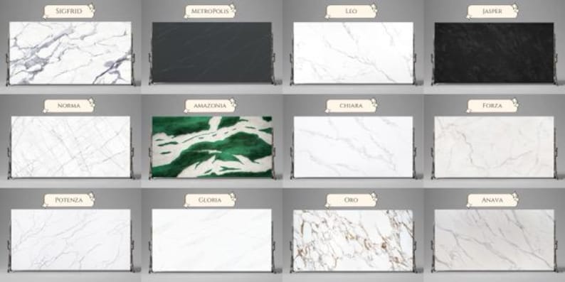 May include: A collection of rectangular stone slabs with various patterns and colors. The slabs are labeled with names like "Sigfrid", "Metropolis", and "Leo". The designs range from white marble with gray veining to solid black and vibrant green.