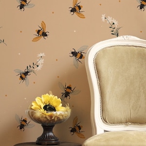 Honey bee and flowers wallpaper, self adhesive wallpaper, animal pattern, vintage peel and stick mural, temporary wallpaper, wall sticker