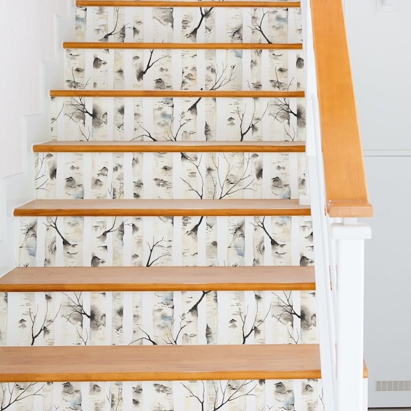 Birch tree removable stair riser decals, 10 stickers set, leaf print, peel and stick wallpaper, stair riser stickers, deco strips