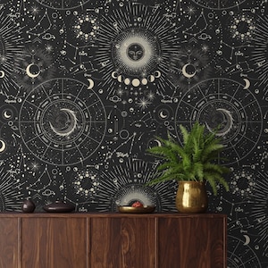 Retro wallpaper of moon phases, dark wallpaper, self adhesive, repositionable, wallpaper roll, wall decor