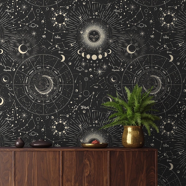 Papier peint rétro des phases de la lune, papier peint foncé, autocollant, repositionnable, rouleau de papier peint, décoration murale