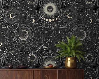 Retro wallpaper of moon phases, dark wallpaper, self adhesive, repositionable, wallpaper roll, wall decor
