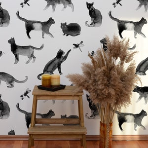 Cat watercolor wallpaper, peel and stick wall mural, removable animal wallpaper, temporary black & white wallpaper, wall art, home decor