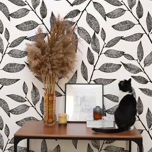 Monochrome leaves wallpaper, peel and stick wall mural, minimalistic wall decor, temporary removable wallpaper, home decor