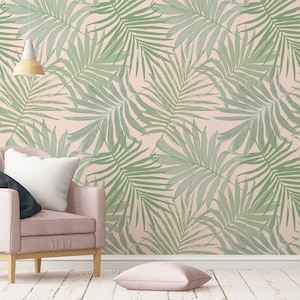 Carta da parati tropicale, foglia di palma verde su sfondo rosa, carta da parati stacca e incolla o normale, decorazione murale, carta da parati rimovibile o tradizionale