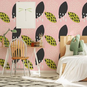Geometric leaves wallpaper, peel and stick wall mural with abstract pattern, removable temporary wallpaper, home decor