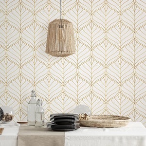 Geometric leaf wallpaper, self adhesive wall mural with elegant floral motif, retro wallpaper, temporary wall mural, home decor