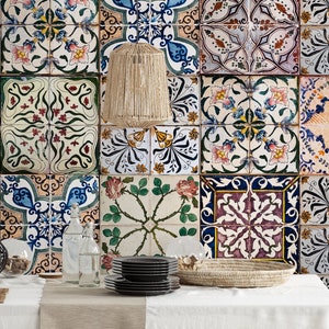 Carta da parati in piastrelle marocchine blu beige, carta da parati a buccia e stick riposizionabile, carta da parati rimovibile temporanea, rotolo di carta da parati, decorazione murale
