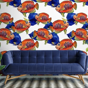 Removable wallpaper with watercolor fish, peel and stick wallpaper, animal wall mural, temporary wallpaper, home decor