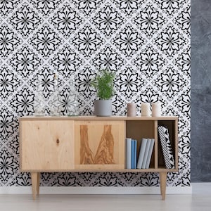 Carta da parati floreale in bianco e nero, murale geometrico, stacca e incolla o vinile, decorazione murale, carta da parati rimovibile o tradizionale