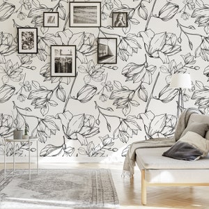 Black & White Floral Wallpaper, Peel and Stick Wall Mural, Flower Wall