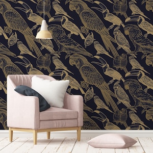 Tapete mit Papageien und Tukanen, selbstklebende Tapete, Muster im Retro-Stil, dunkles Wandbild, Wandbild zum Abziehen und Aufkleben, temporäre Tapete