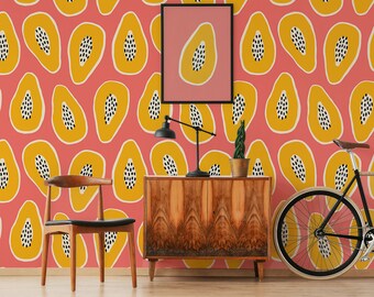 Juicy papaya wallpaper, self adhesive, pattern with papayas in orange, cream and black on pink, peel and stick mural, temporary wallpaper