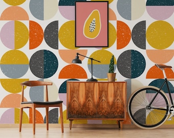 Retro geometric wallpaper, self adhesive wall mural with circles and semi circles, abstract pattern, removable wallpaper