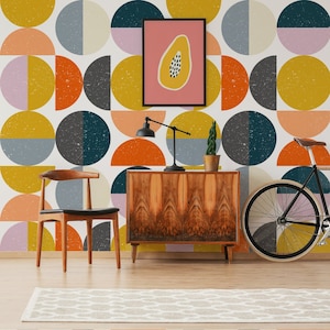 Retro geometric wallpaper, self adhesive wall mural with circles and semi circles, abstract pattern, removable wallpaper