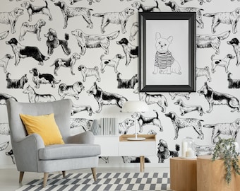 Papel pintado de mezcla de perros, mural de pared despegable y adhesivo, papel pintado de animales removible, papel pintado temporal en blanco y negro, decoración del hogar
