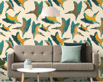 Yellow birds wallpaper, removable wallpaper, pattern with kingfisher, self adhesive wallpaper, peel and stick mural, temporary wallpaper
