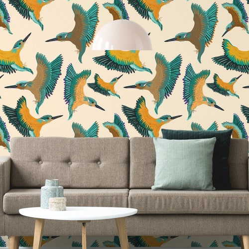 Blue Wallpaper With Birds and Flowers Peel and Stick Floral - Etsy