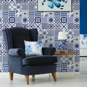 Blue moroccan tile removable wallpaper, peel and stick repositionable temporary wallpaper, spanish portuguese azulejo tile, home decor