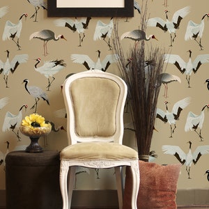 Cranes Wallpaper, Self Adhesive Wallpaper, Animal Hand Painted Pattern