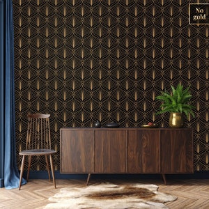 Carta da parati art deco nera con motivo geometrico, carta da parati staccabile e incollata, carta da parati astratta rimovibile, rotolo di carta da parati, decorazione murale art deco