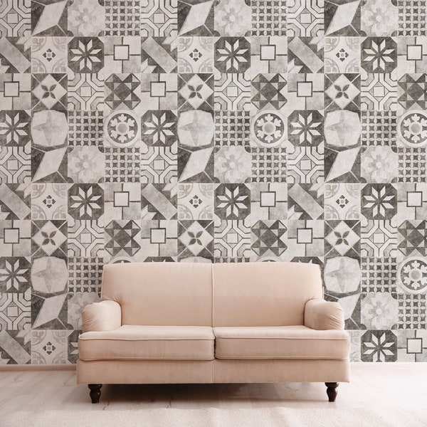 Vintage moroccan tile wallpaper, peel and stick wallpaper, abstract wall sticker, spanish ceramic tiles, removable wallpaper, home decor