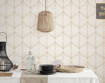 Geometric leaf wallpaper, self adhesive wall mural with elegant floral motif, retro wallpaper, temporary wall mural, home decor