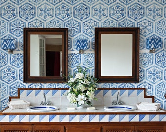 Portuguese azulejo tile wallpaper, peel and stick removable repositionable wallpaper, temporary wallpaper, wallpaper roll, wall decor