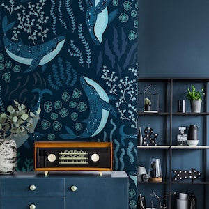 Sea sealife wallpaper, whale pattern wallpaper, self adhesive, repositionable, wallpaper roll, wall decor