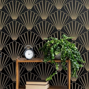 Carta da parati art deco con guscio nero, decorazioni per la casa, decorazioni murali geometriche, stacca e incolla o vinile, decorazioni murali, carta da parati rimovibile o tradizionale