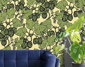 Tapete mit Blatt- und Fruchtmotiven, grünes botanisches Muster, abziehbare und wiederverwendbare Tapete, selbstklebende, temporäre Tapetenrolle, Wanddekoration
