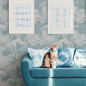 Self adhesive wallpaper with teal blue waves, peel and stick wall mural, wall sticker, temporary removable wallpaper