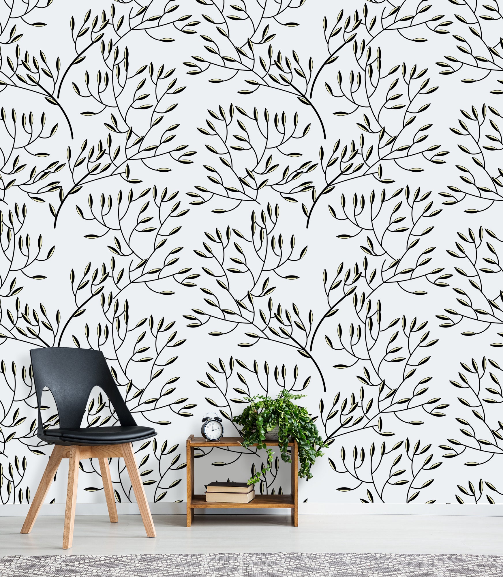 Black and White Wallpaper With Branches, Peel and Stick Floral ...