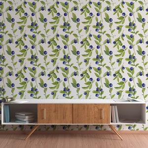 Carta da parati ad acquerello, bacche blu e foglie verdi, stacca e incolla, vinile, decorazione murale, carta da parati rimovibile o tradizionale