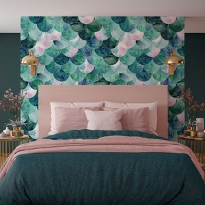 Fish scales pattern wallpaper, green abstract wallpaper, peel and stick, vinyl, wall decor, removable or traditional wallpaper
