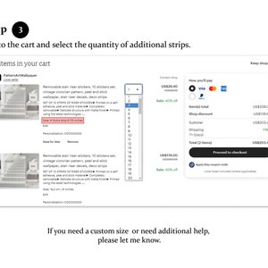 Puede incluir: Una captura de pantalla de un carrito de compras de Etsy que muestra dos juegos de pegatinas de contrahuella de escalera extra&iacute;bles. Las pegatinas son de estilo victoriano vintage y est&aacute;n disponibles en un juego de 10. El carrito muestra un precio total de 164,80 &euro; por dos art&iacute;culos. La imagen tambi&eacute;n incluye un bot&oacute;n para continuar con el pago.