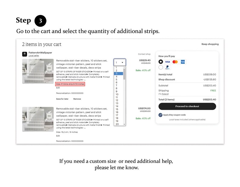 Puede incluir: Una captura de pantalla de un carrito de compras de Etsy que muestra dos juegos de pegatinas de contrahuella de escalera extra&iacute;bles. Las pegatinas son de estilo victoriano vintage y est&aacute;n disponibles en un juego de 10. El carrito muestra un precio total de 164,80 &euro; por dos art&iacute;culos. La imagen tambi&eacute;n incluye un bot&oacute;n para continuar con el pago.