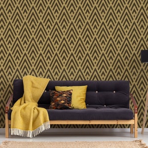 Carta da parati art deco con chevron rombici neri grunge, murale a buccia e bastone, carta da parati rimovibile temporanea, decorazioni per la casa